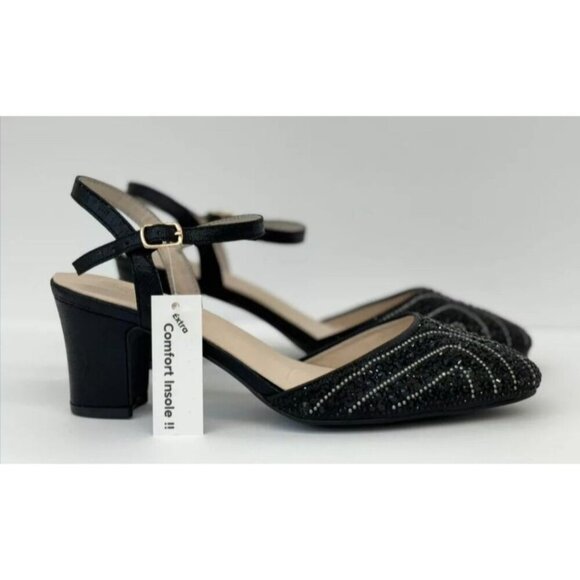 DE BLOSSOM / Gloria-10 / Womens Black Rhinestone Heeled Ankle Strap Sandals / Me - Picture 3 of 9